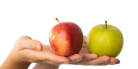 Zwei Äpfel symbolisieren unterschiedliche Implantat-Arten.